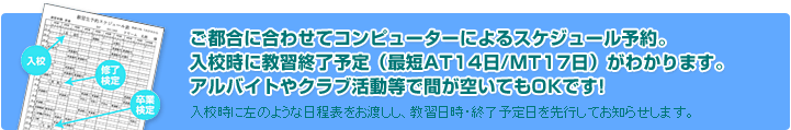ご都合に合わせてコンピューターによるスケジュール予約。入校時に教習終了予定（最短AT14日/MT17日）がわかります。アルバイトやクラブ活動等で間が空いてもOKです!