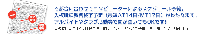 ご都合に合わせてコンピューターによるスケジュール予約。入校時に教習終了予定（最短AT14日/MT17日）がわかります。アルバイトやクラブ活動等で間が空いてもOKです!入校時に左のような日程表をお渡しし、教習日時・終了予定日を先行してお知らせします。